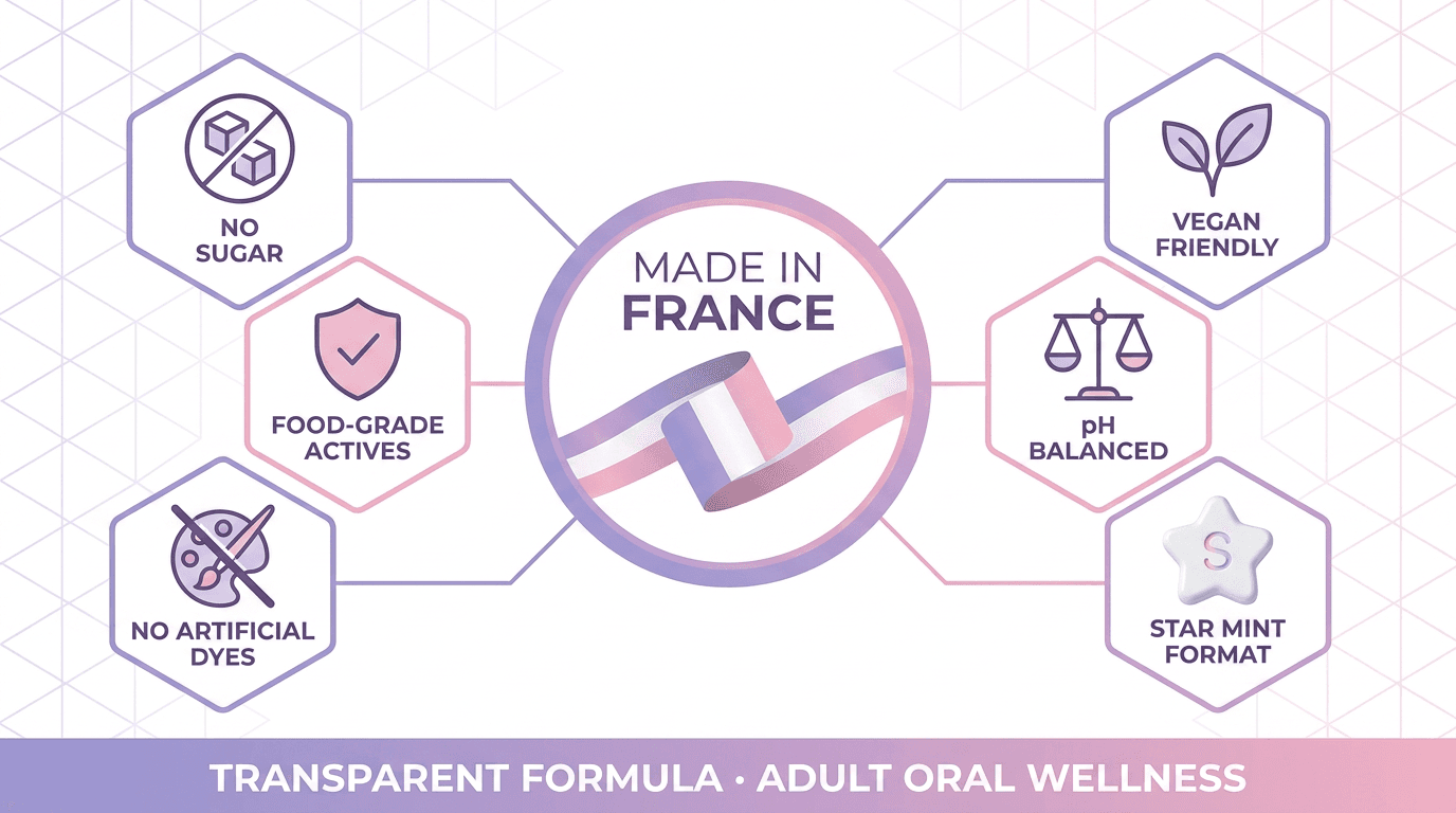 Clean formula trust chart: made in France, no sugar, food-grade actives, vegan, pH balanced