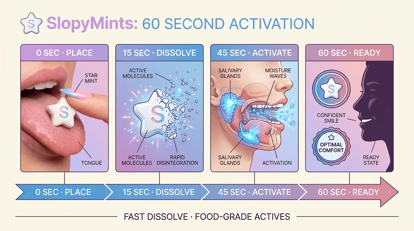 Four-step timeline: place star mint, dissolve, activate salivary glands, ready state at 60 seconds