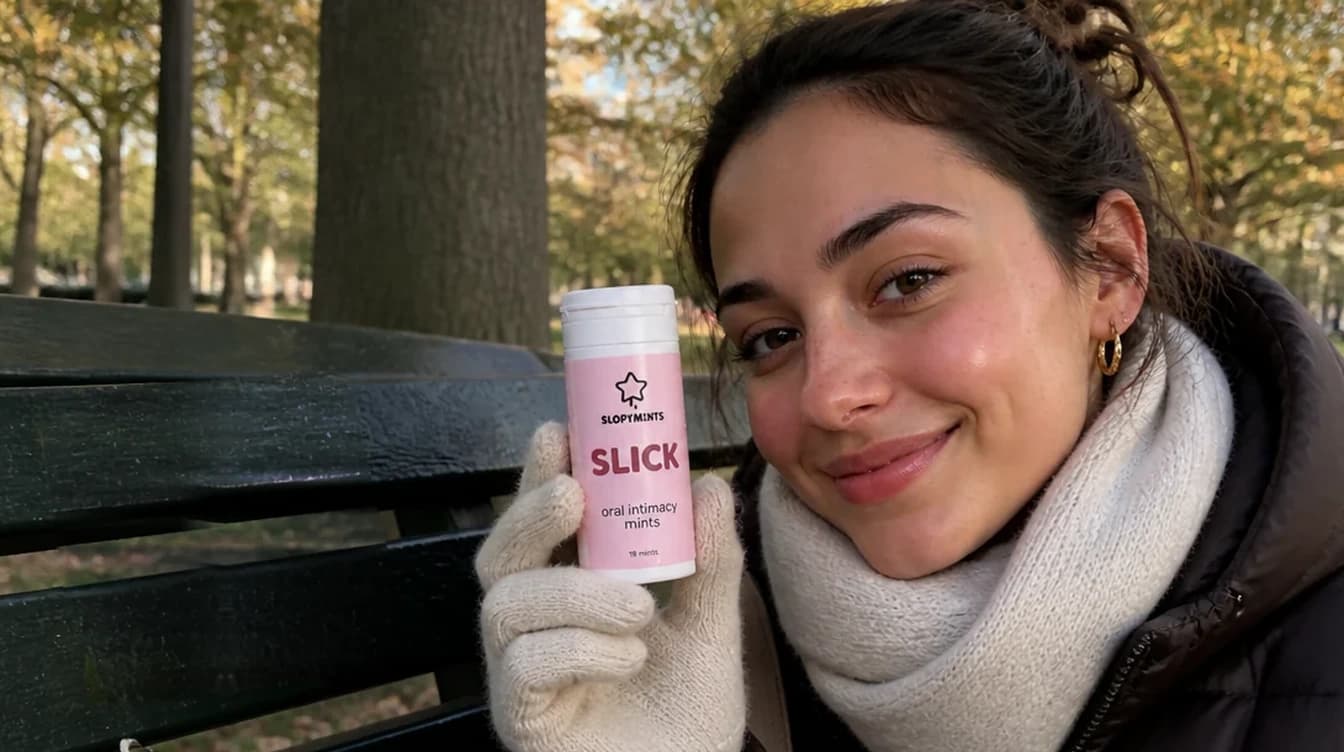 Illustration: smiling young woman on a park bench holding a tube of SlopyMints SLICK