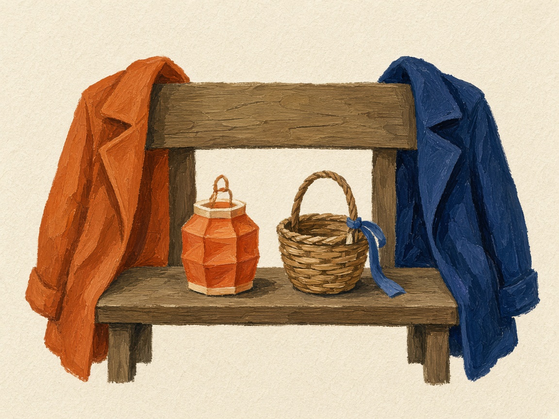 Illustration d'une lanterne en papier et d'un panier entre deux manteaux, sans personne.