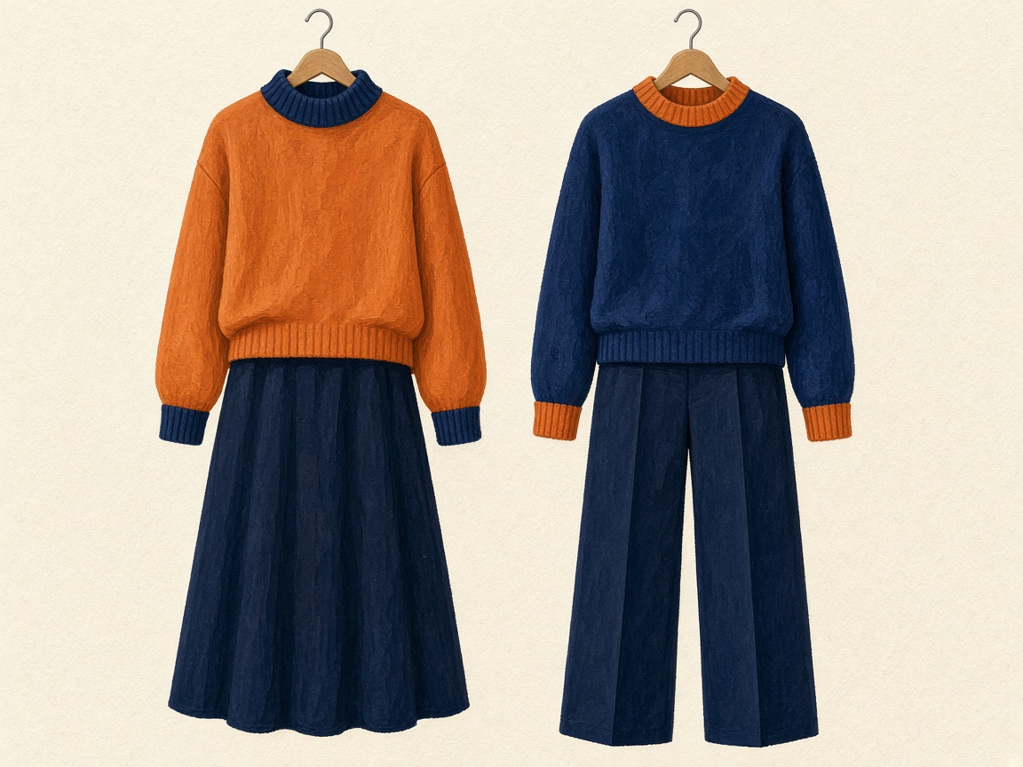 Illustration de deux tenues sur cintres, orange et bleu, sans personne.